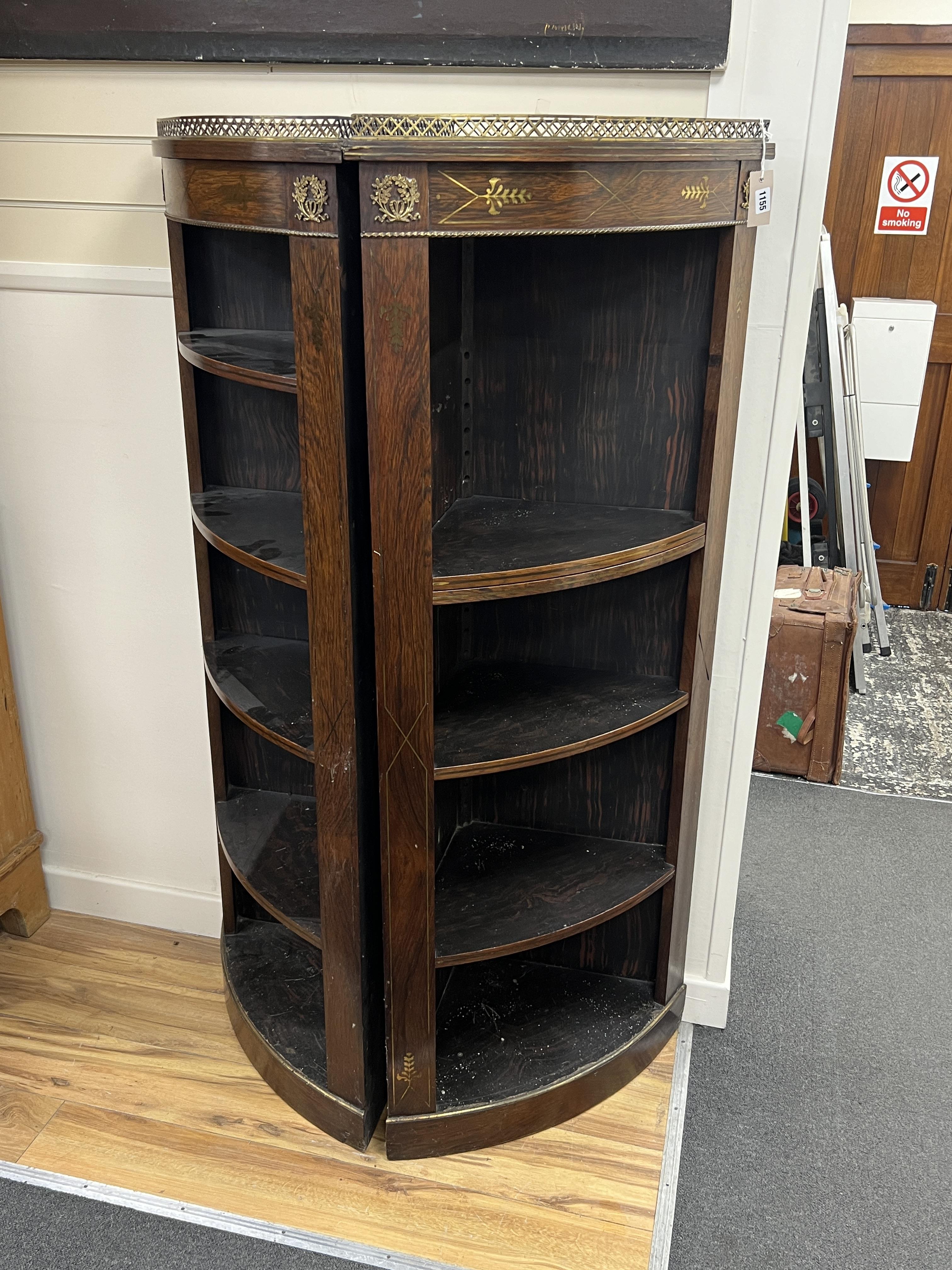 A pair of Regency style brass inlaid rosewood corner cabinets, width 64cm, depth 40cm, height 154cm
